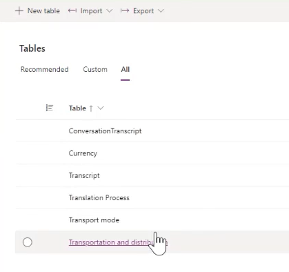 Selecione a tabela Transporte e distribuição.