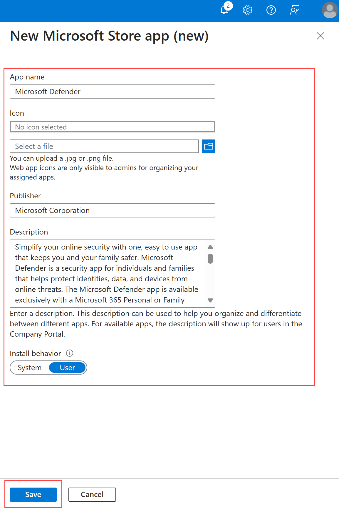 Captura de tela realçando a janela do novo aplicativo, as configurações disponíveis para definir e o botão Salvar.