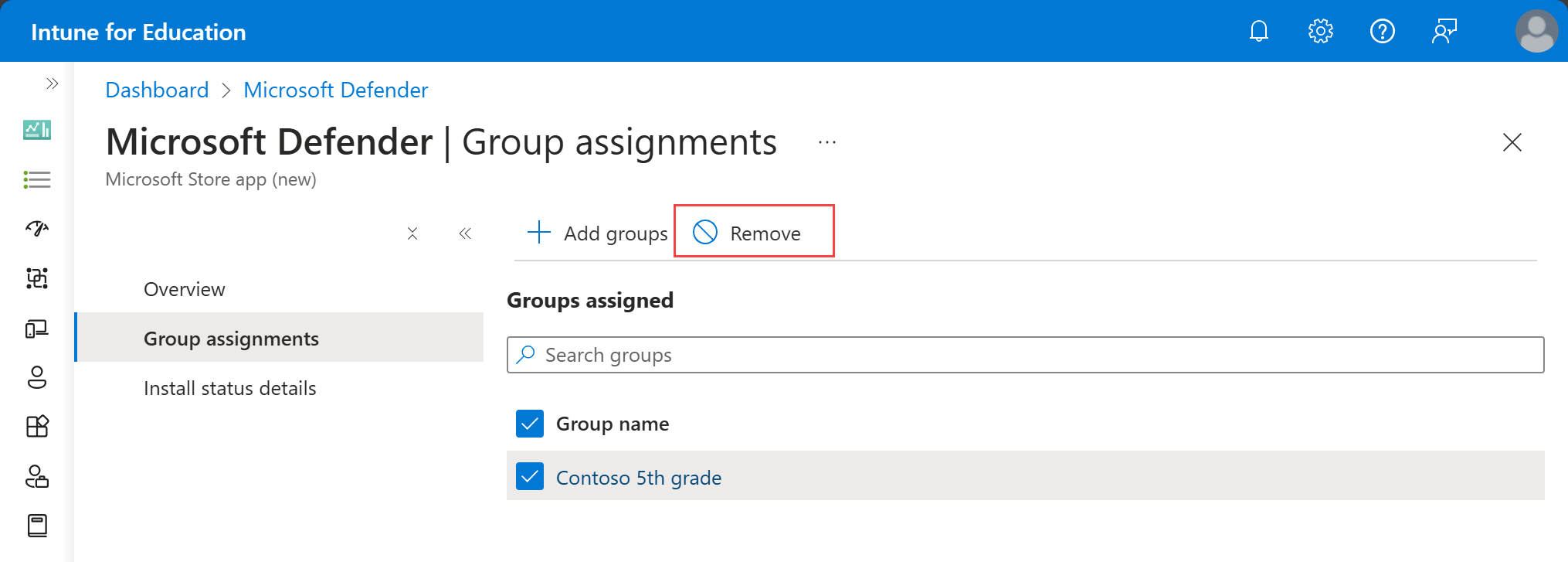 Captura de tela do inventário do grupo do aplicativo, destacando o grupo selecionado e o botão Remover. 