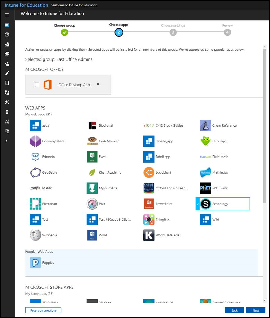 A tela de atribuição do aplicativo. Os aplicativos são organizados para atribuição por diferentes tipos, incluindo aplicativos Web e aplicativos Microsoft Store para Educação.