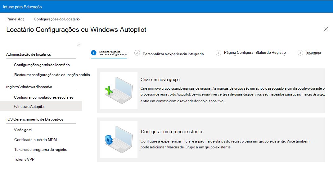 Imagem de exemplo da experiência guiada do Windows Autopilot mostrando a página 