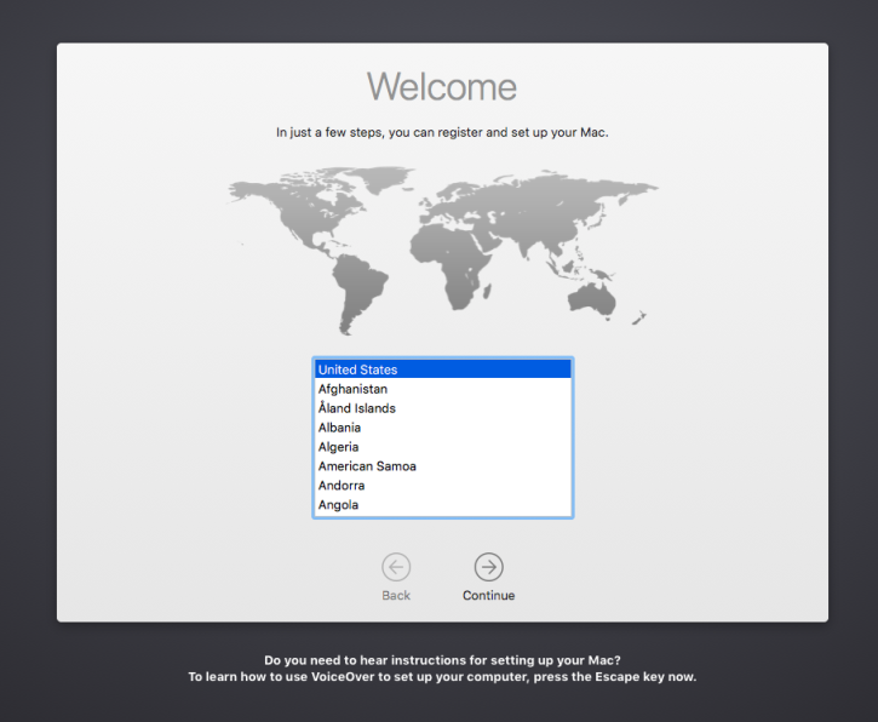 Captura de tela da tela de boas-vindas do assistente de instalação do dispositivo macOS, mostrando uma lista de idiomas a serem selecionados.