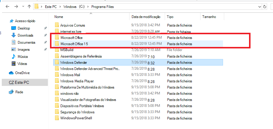 Pacotes de instalação do Office no diretório program Files