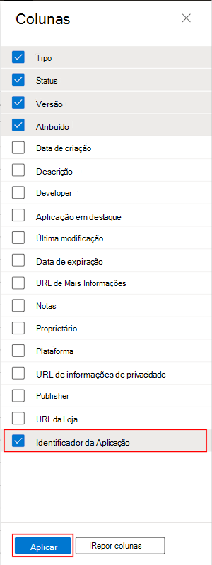 Captura de tela que mostra como selecionar a coluna ID do Pacote de Aplicativos em Todos os Aplicativos no Microsoft Intune e no centro de administração do Intune.
