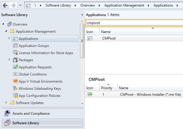 CMPivot no nó Aplicações da consola do Gerenciador de Configurações.