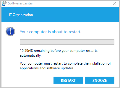 Captura de tela da notificação de reinicialização pendente do Centro de Software com o botão soneca.