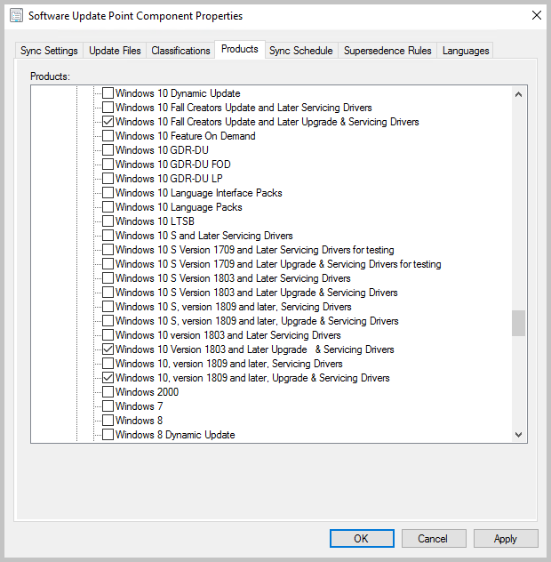 Windows 10 lista de produtos de controladores de versões