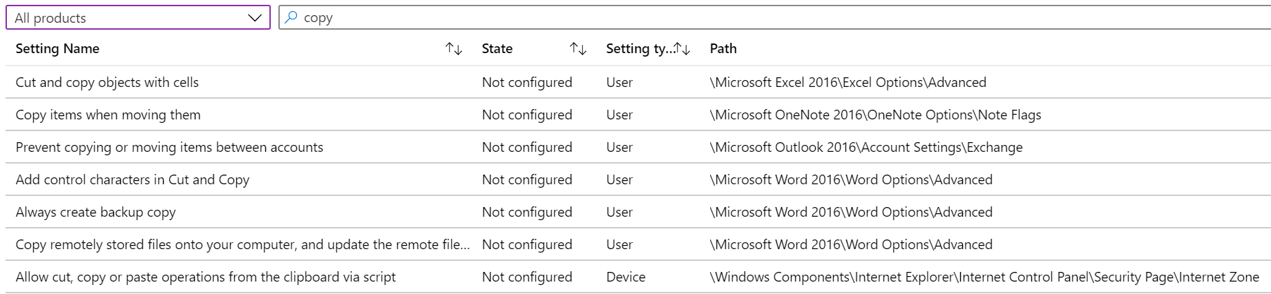 Pesquisa para copiar para mostrar todas as configurações do dispositivo em modelos administrativos em Microsoft Intune e Intune centro de administração.
