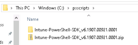 Captura de tela que mostra o Intune estrutura de pastas do SDK do PowerShell após a extração.
