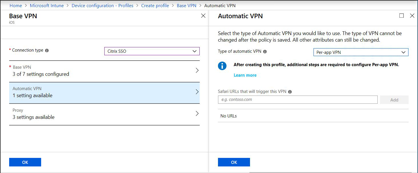 Captura de tela que mostra a VPN automática definida como VPN por aplicativo em dispositivos iOS/iPadOS em Microsoft Intune.