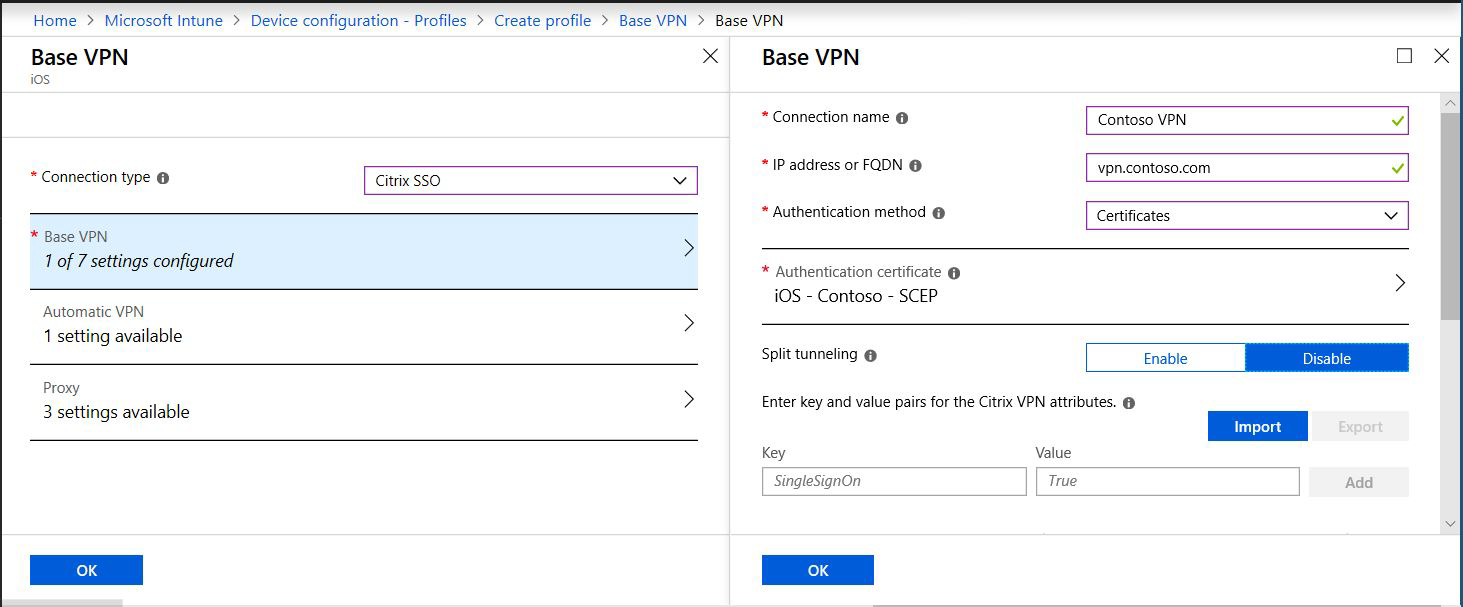 Captura de tela que mostra um perfil VPN por aplicativo, endereço IP ou FQDN, método de autenticação e túnel dividido em Microsoft Intune e centro de administração do Intune.