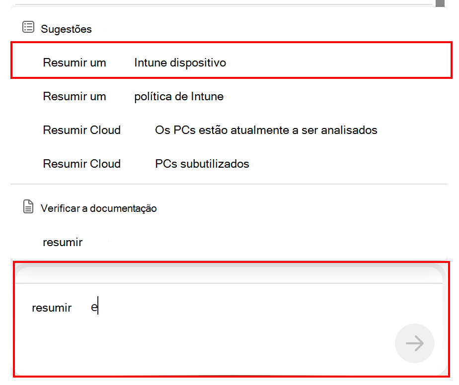Captura de ecrã que mostra o resumo de um prompt do Copilot de dispositivo Intune no centro de administração do Microsoft Intune ou Intune.