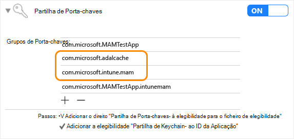 SDK da Aplicação Intune iOS: partilha de keychain