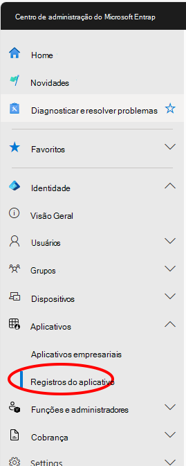 Captura de ecrã a mostrar Entra localização do menu de registos de aplicações do centro de administração.