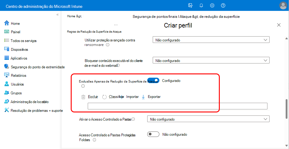 Captura de tela da configuração de Exclusões Somente de Redução de Superfície de Ataque.