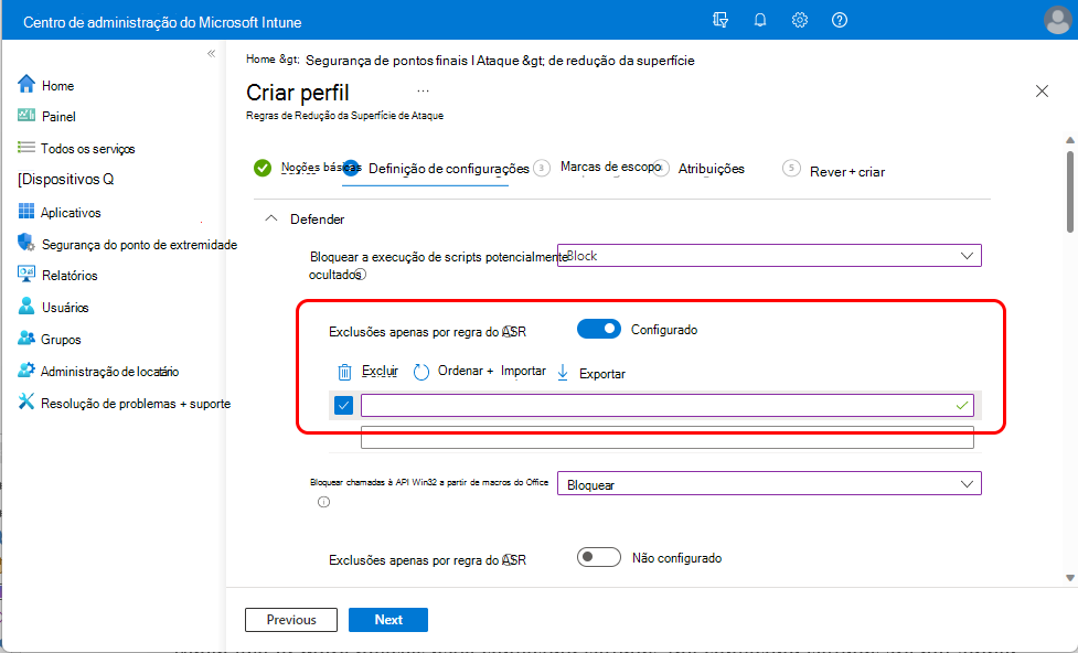 Captura de tela da configuração Somente ASR \Per Rule Exclusions.
