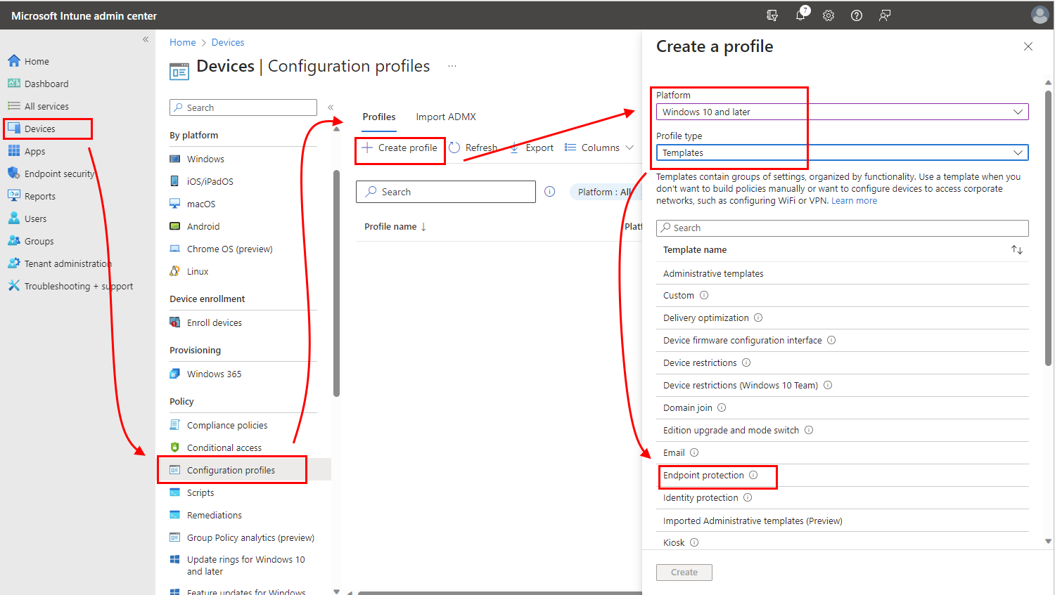 Captura de ecrã do caminho para o modelo do Endpoint Protection.