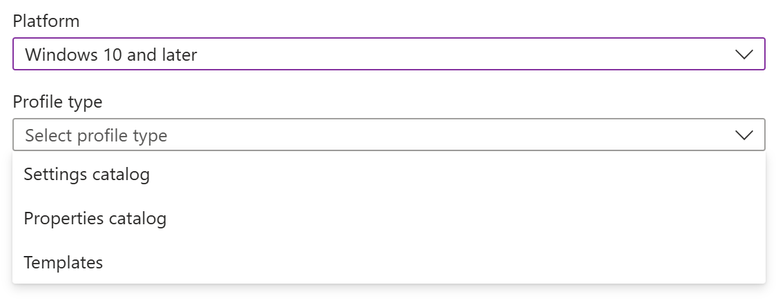 Captura de ecrã que mostra como criar uma política e um perfil de configuração de dispositivos Windows no Microsoft Intune.