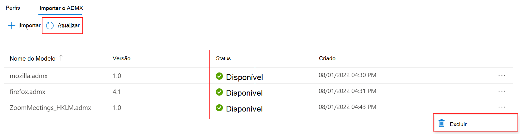 Captura de tela que mostra como atualizar e excluir modelos administrativos ADMX e ADML personalizados importados no Microsoft Intune e no centro de administração do Intune.