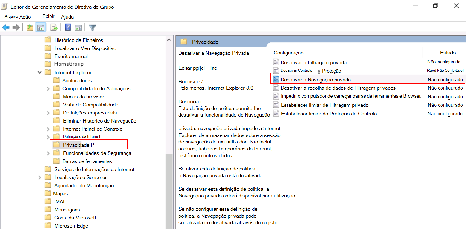 Captura de ecrã que mostra como desativar a Navegação InPrivate na Internet Explorer através do modelo ADMX no local.
