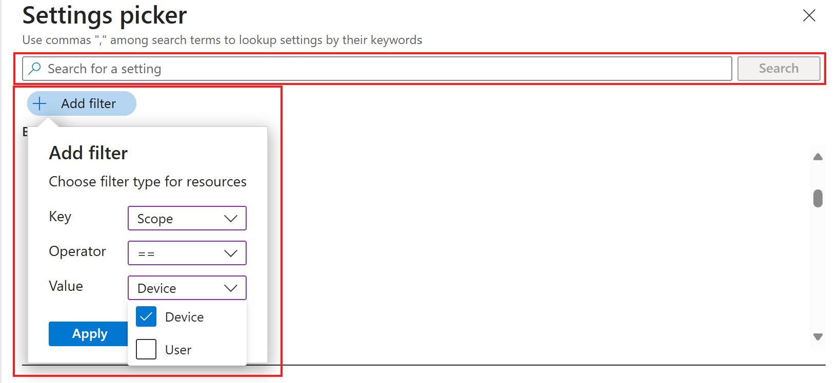 Captura de ecrã que mostra como pode filtrar e procurar no seletor de definições de catálogo de definições no Microsoft Intune.