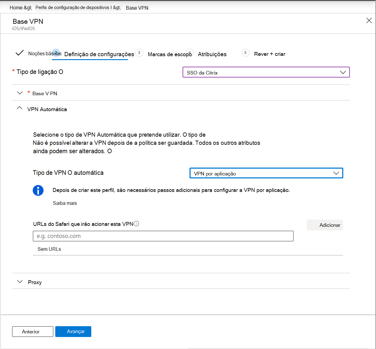 Captura de tela que mostra a VPN automática definida como VPN por aplicativo em dispositivos iOS/iPadOS no Microsoft Intune.