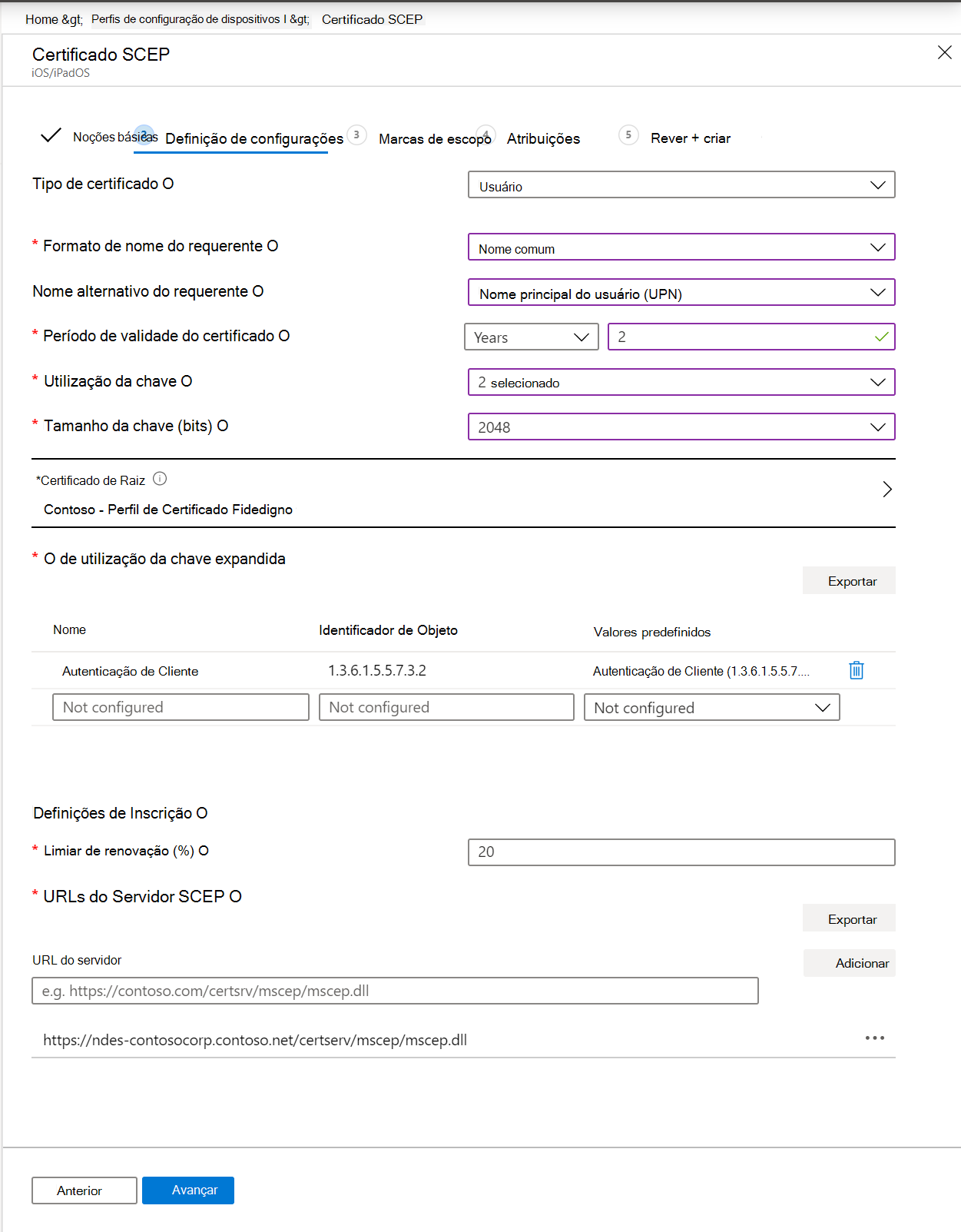 Crie um perfil de certificado SCEP no Microsoft Intune e no centro de administração do Intune. Inclua o formato do nome do assunto, o uso da chave, o uso estendido da chave e muito mais.
