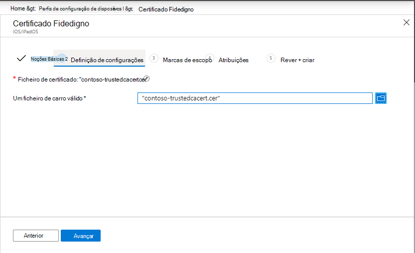 Crie um perfil de certificado confiável para dispositivos iOS/iPadOS no Microsoft Intune e no centro de administração do Intune.