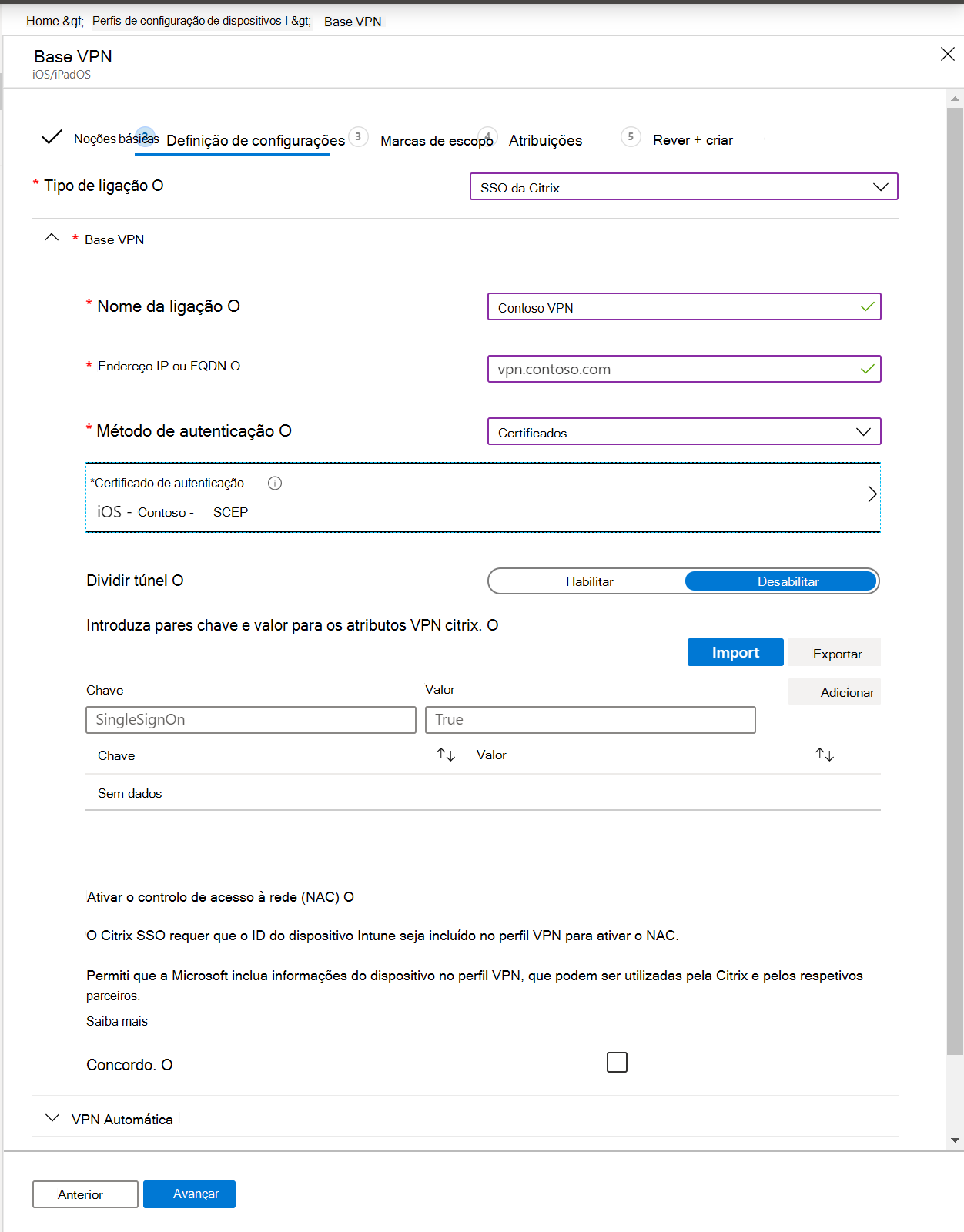 Captura de tela que mostra um perfil VPN por aplicativo, endereço IP ou FQDN, método de autenticação e túnel dividido no Microsoft Intune e no centro de administração do Intune.