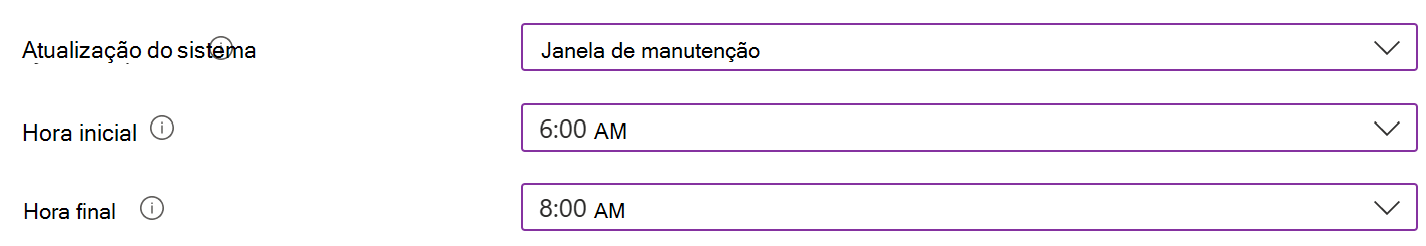 Captura de ecrã que mostra a definição de atualização do sistema com uma janela de manutenção para dispositivos Android Enterprise no centro de administração do Microsoft Intune.