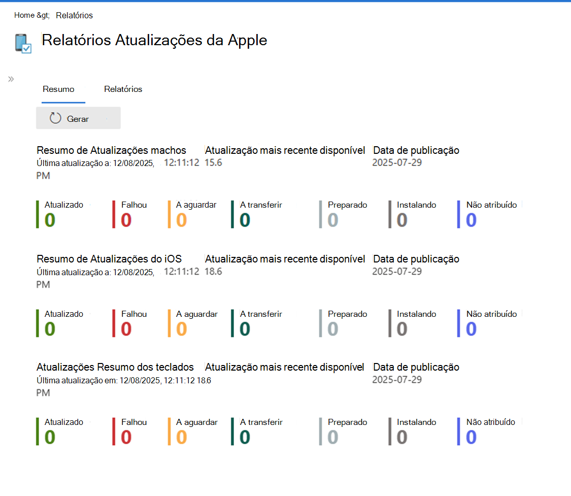 Captura de ecrã que mostra a vista Resumo da atualização de software da Apple.