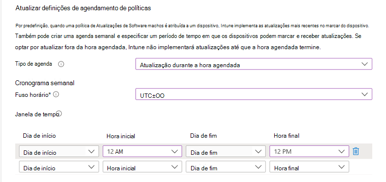 Captura de ecrã das definições de Agendamento da política de atualização.
