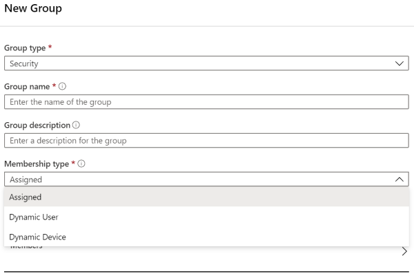 Captura de ecrã a mostrar o painel Novo grupo a partir de Entra no centro de administração do Intune.