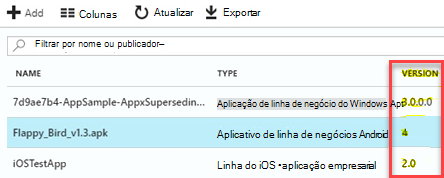 Exibir versões do aplicativo