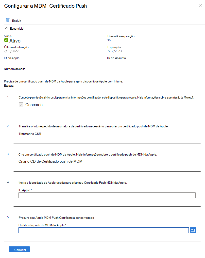 Captura de tela da tela Configurar MDM Push Certificate com MDM Push não configurado.