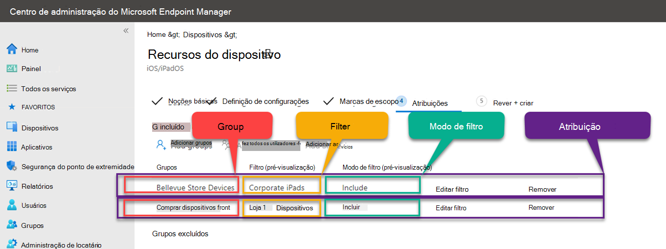Captura de ecrã que mostra um conflito de atribuição de exemplo ao utilizar filtros no Microsoft Intune.