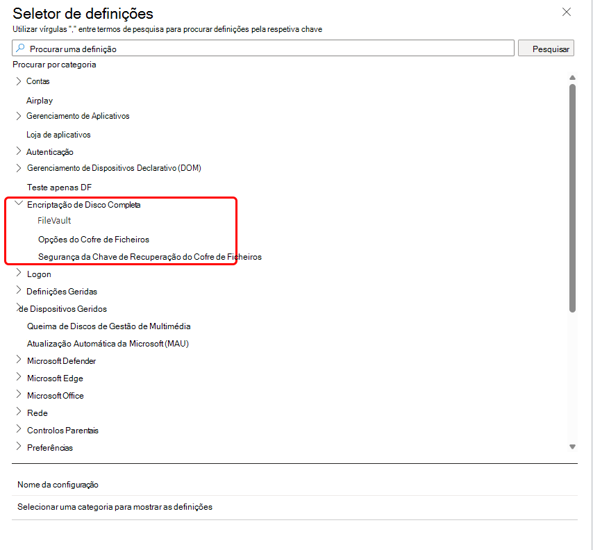 Imagem das opções FileVault na categoria Encriptação de Disco Completa do seletor de Definições.