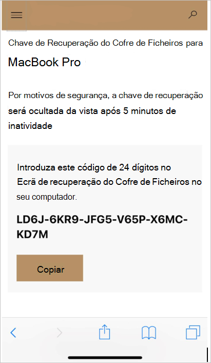 Captura de ecrã a mostrar Portal da Empresa site, com a chave de recuperação.