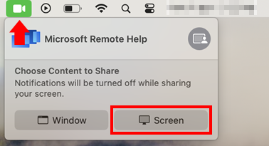 Uma captura de tela da caixa de diálogo de compartilhamento de tela do macOS para permitir o compartilhamento de tela para a Ajuda remota Microsoft