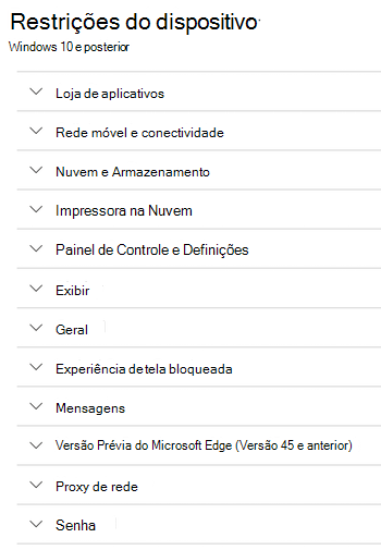 Todas as definições de restrições de dispositivos para dispositivos Windows no Microsoft Intune.