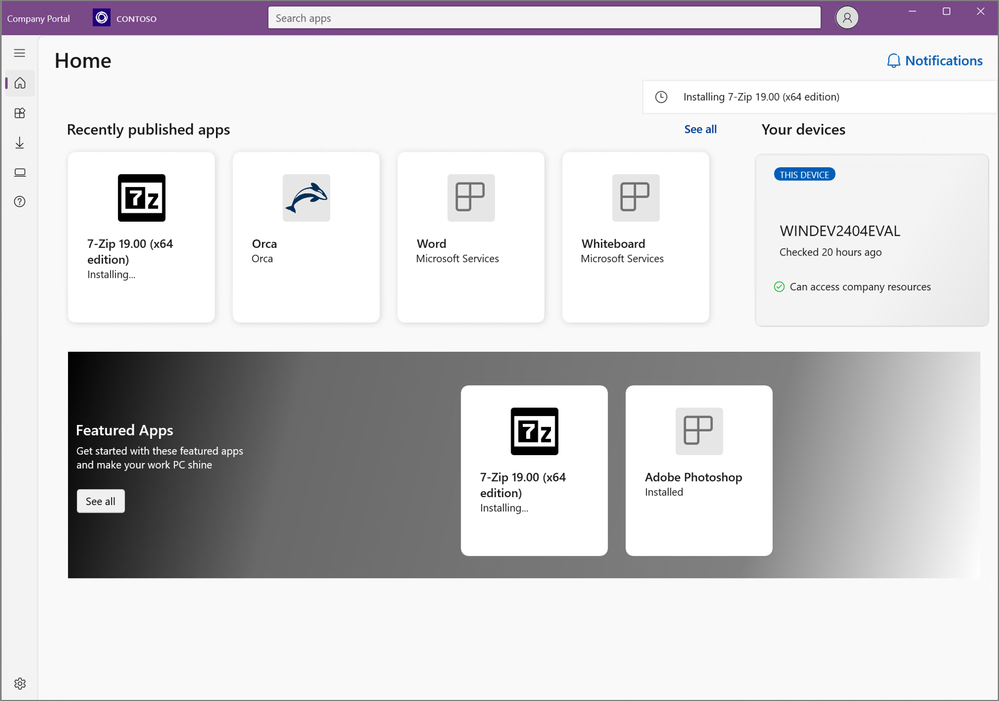 Captura de ecrã da Home page com notificações na aplicação Portal da Empresa para Windows.