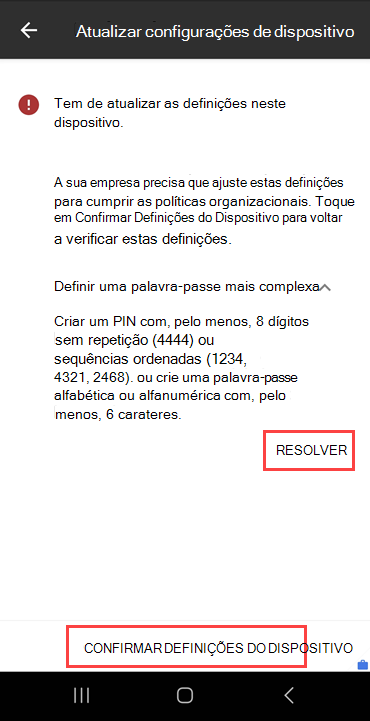 Captura de ecrã do ecrã Atualizar definições do dispositivo do Portal da Empresa a realçar o botão RESOLVER e o botão CONFIRMAR DEFINIÇÕES DO DISPOSITIVO.