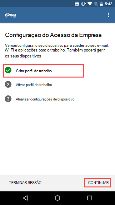 Captura de ecrã a mostrar a Configuração de Acesso da Empresa a mostrar que o perfil de trabalho foi criado.