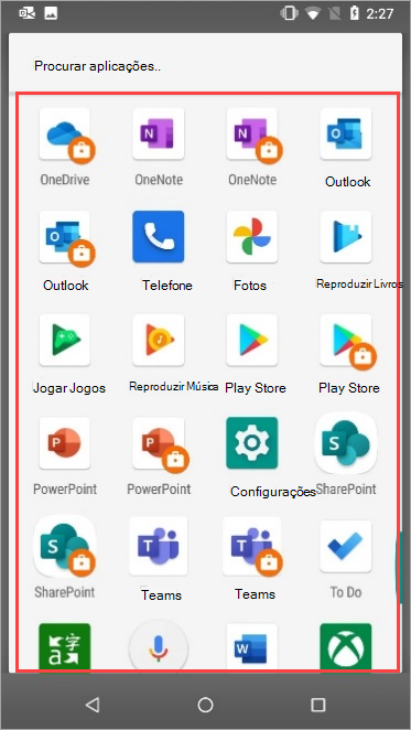 Captura de tela de aplicativos de trabalho e aplicativos pessoais juntos na gaveta de aplicativos Nexus 5X.