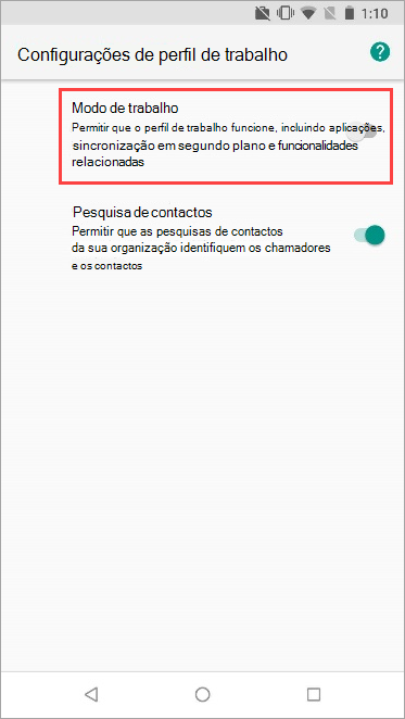 Captura de tela da chave seletora de perfil de trabalho ativada nas configurações do dispositivo Nexus 5X.