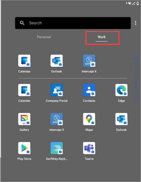 Captura de tela da guia de trabalho na gaveta de aplicativos do Surface Duo.