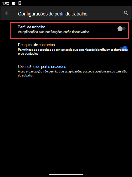 Captura de tela do botão de alternância do perfil de trabalho desativado nas configurações do dispositivo Surface Duo.