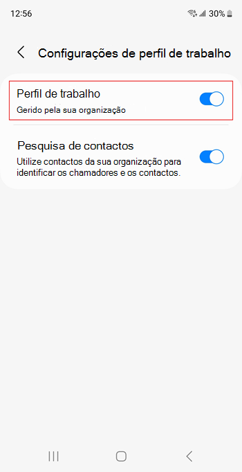 Captura de tela do botão de alternância do perfil de trabalho ativado nas configurações do dispositivo Samsung Galaxy S20.
