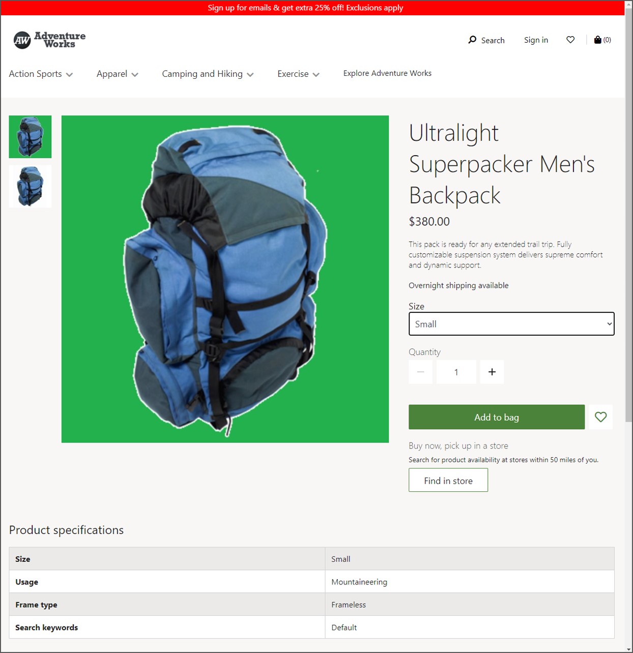 Captura de tela da ação Adicionar à sacola no Dynamics 365 Commerce.