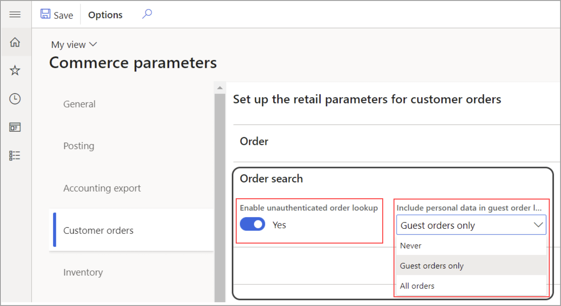 Captura de tela da página Parâmetros do Commerce para configurar a pesquisa de ordem de convidado.